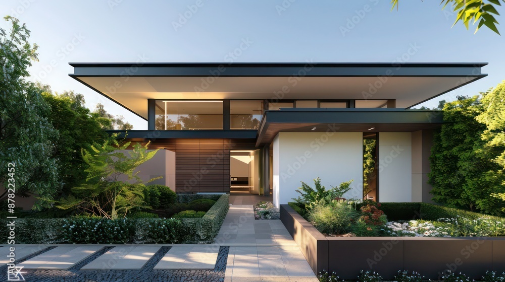 Fototapeta premium modern suburban farmhouse with a minimalist approach, featuring a flat roof, clean lines, and a hidden entrance among vertical garden walls