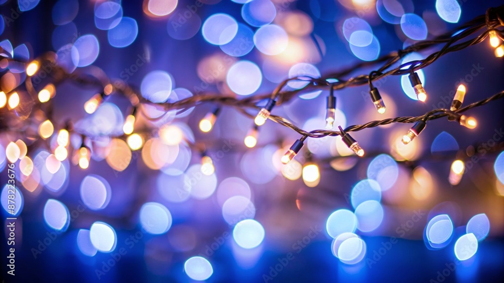 string of light on blue background, fairy lights on bokeh party background at night sky, string of lights border, celebration concept with copy space string of light on blue background, fairy lights on bokeh party background at night sky, string of lights border, celebration concept with copy space