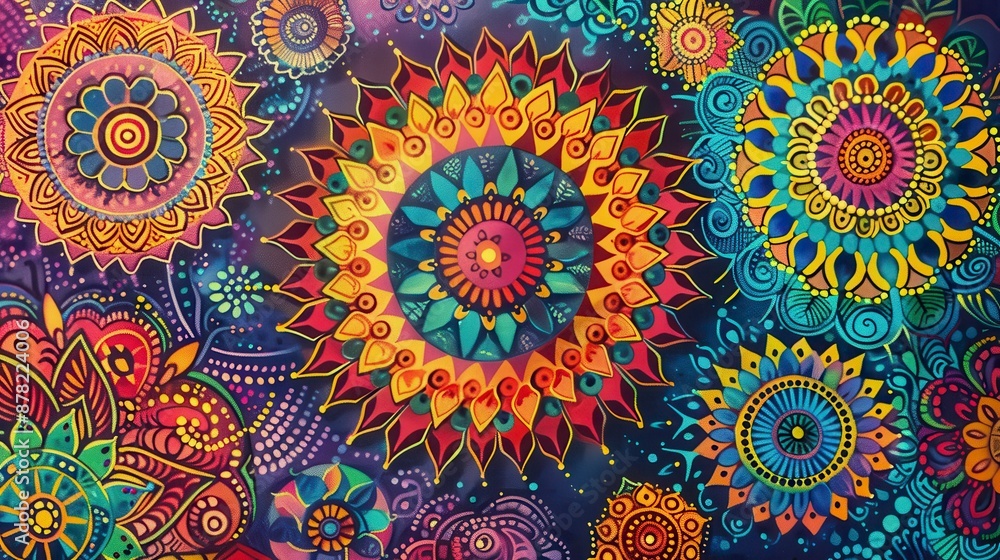 Abstract art featuring many colorful mandalas with complex patterns Abstract art featuring many colorful mandalas with complex patterns