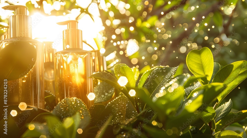 Golden Bottles of Skincare Products in Sunlit Garden with Dew-Covered Leaves and Sparkling Bokeh Background Golden Bottles of Skincare Products in Sunlit Garden with Dew-Covered Leaves and Sparkling Bokeh Background