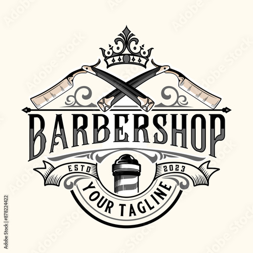 Barbershop logo, vintage barber pole and razor elements, professional barber design.