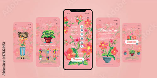 Mobile app pages for online flower shop in pixel art style . vector 