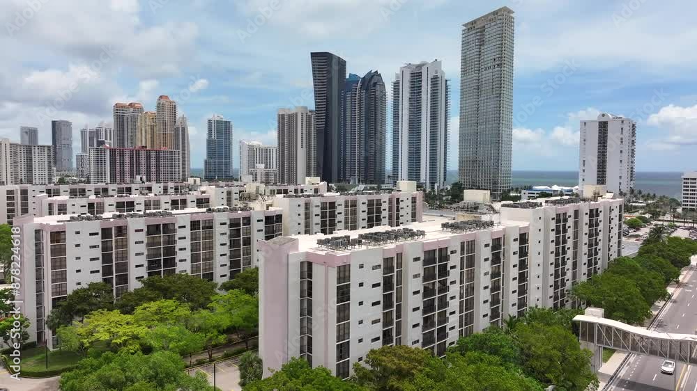 Modern apartment buildings in front of sunny isles beach downtown. Sunny day in Florida with skyline skyscraper and ocean in backdrop. Expensive district of American town. Aerial view. Modern apartment buildings in front of sunny isles beach downtown. Sunny day in Florida with skyline skyscraper and ocean in backdrop. Expensive district of American town. Aerial view.