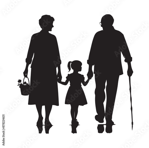 grandparents walking with two granddaughter silhouette vector