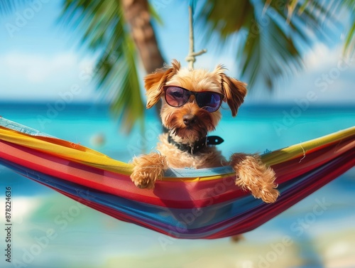 playful scene of a sunglasseswearing dog lounging in a colorful hammock on a tropical beach palm trees and turquoise waters complete the whimsical vacation vibe photo