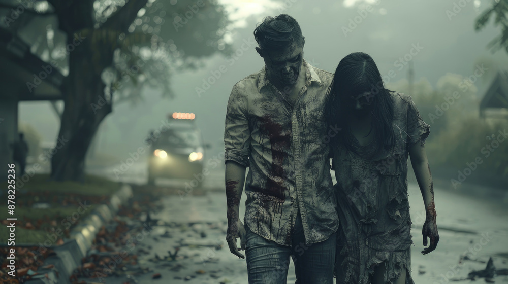 Fototapeta premium A Bloodied Man and Woman Walk Through a Foggy Street