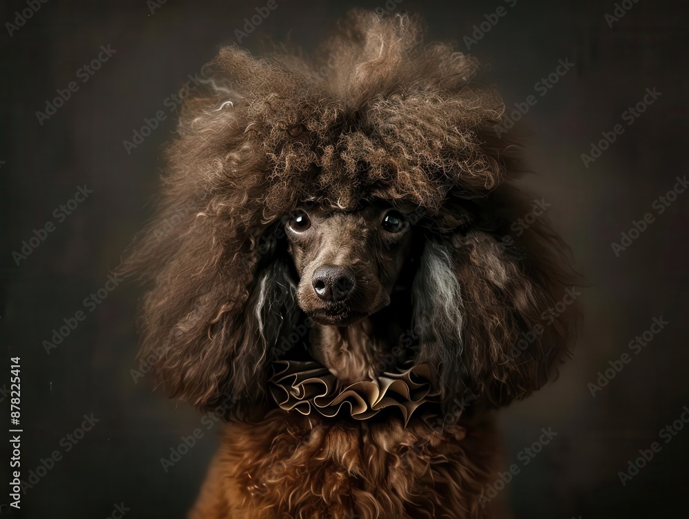 regal poodle poses with dignified grace elaborate ruffled collar frames a noble canine visage rich dark backdrop accentuates the dogs elegant curls and soulful eyes in this timeless portrait regal poodle poses with dignified grace elaborate ruffled collar frames a noble canine visage rich dark backdrop accentuates the dogs elegant curls and soulful eyes in this timeless portrait