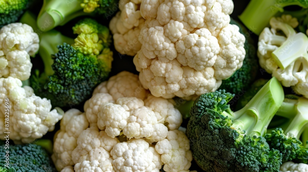 fresh broccoli and cauliflower florets placed on a textured gray surface. the broccoli contrasts beautifully with the creamy white cauliflower, highlighting their freshness and quality fresh broccoli and cauliflower florets placed on a textured gray surface. the broccoli contrasts beautifully with the creamy white cauliflower, highlighting their freshness and quality