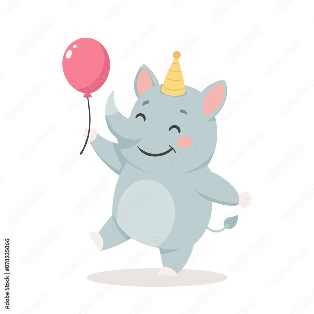 Obraz premium Cute baby rhino with a balloon in a party hat. Birthday greetings for children. Illustration, postcard, print for clothes