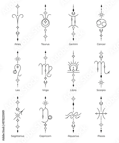 Set of zodiac sign and symbol blackwork tattoo. Sacred geometry horoscope tattoo design collection, mystic symbol of constellation. New school dotwork, line art minimalist style tattoo. Boho design.