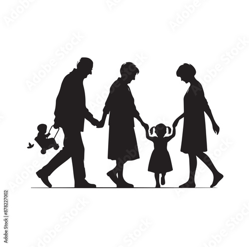 grandparents walking with two granddaughter silhouette vector