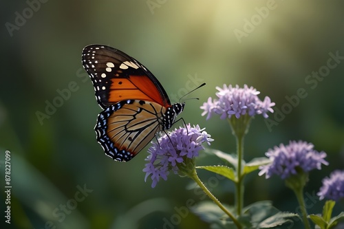 Charming nature with close-up views of butterfly in sunshine, emphasizing natural beauty, wildlife, serene landscapes, tranquility, grace, elegance, enchanting themes, and ample copy space.