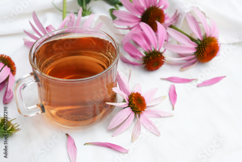 Herbal tea in a glass cup, fresh flowers of echinacea on a marble background. Side view. Space for text. 