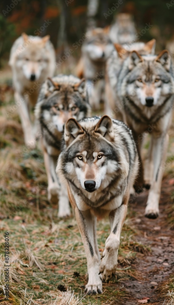 Fototapeta premium Vigilant wolf pack prowling dense jungle, senses keen for prey or threats in the undergrowth