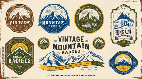 Vintage mountain badge, vector illustration and ornament,