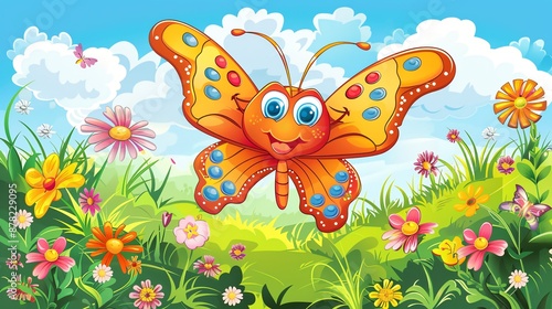 Cute cartoon butterfly flying over a field of colorful flowers.