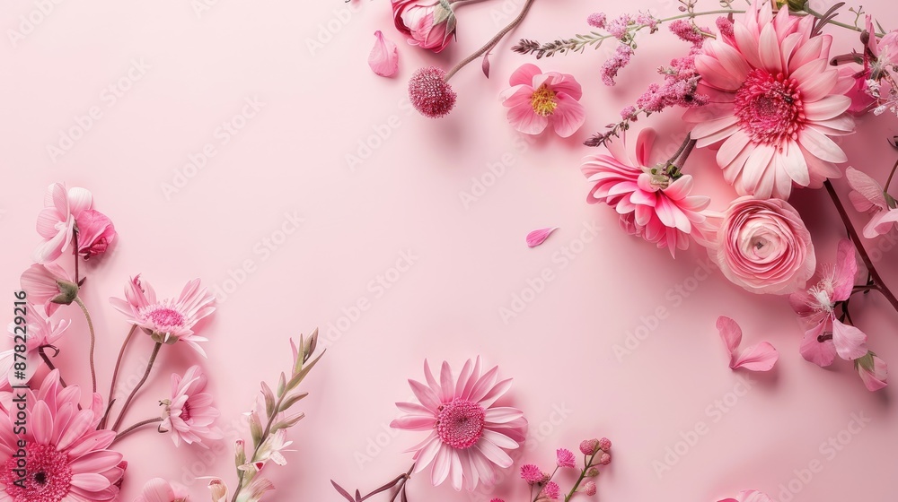 Pink flowers arrangement on pale pink backdrop with various occasions in top down view room for text Pink flowers arrangement on pale pink backdrop with various occasions in top down view room for text