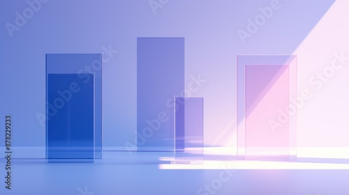 Three rectangular transparent glass blocks with a gradient, translucent color background. The glass material creates the impression of three-dimensional space. Minimalist style soft lighting