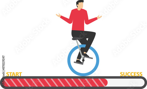 Businessman Commuter with Bicycle Traveling to from the start to success. Challenge your progress and win the race. Flat vector illustration.

