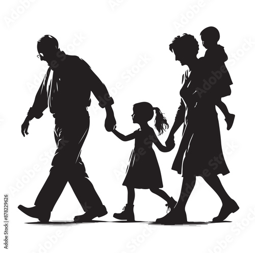 grandparents walking with two granddaughter silhouette vector