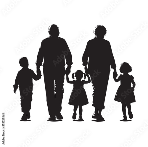 grandparents walking with two granddaughter silhouette vector