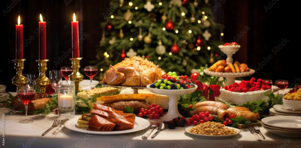 Christmas banner of dinner table full of dishes with food, baked chicken in center and assorted snacks Christmas banner of dinner table full of dishes with food, baked chicken in center and assorted snacks