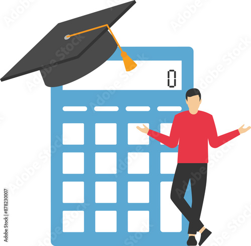 Graduate student standing with mortar board hat calculator. Student loan calculation, education budget allocation, university expense and debt pay off or scholarship payment.

