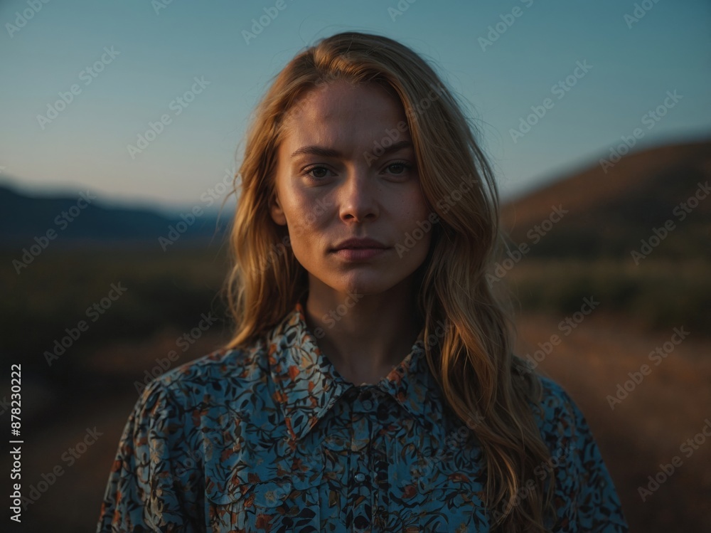 Portrait of a pensive woman wearing a floral shirt, standing outdoors at dusk with a serious expression and natural landscape in the background.
Portrait of a pensive woman wearing a floral shirt, standing outdoors at dusk with a serious expression and natural landscape in the background.
