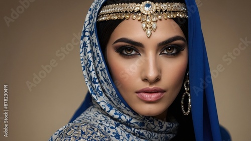 Close-up portrait of an elegant woman wearing a blue hijab and traditional jewelry, exuding grace and sophistication. 