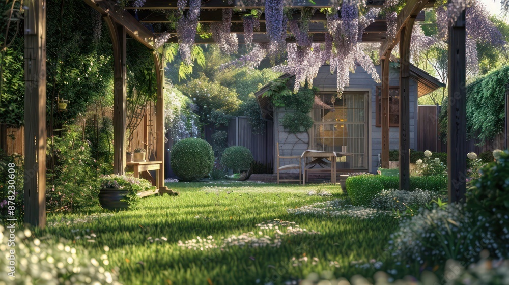 secluded backyard of a suburban farmhouse with a wooden pergola covered in wisteria secluded backyard of a suburban farmhouse with a wooden pergola covered in wisteria