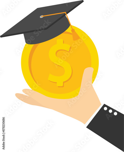 Hand holding big dollar coin wearing academic graduation mortarboard hat. Payment for education. Tuition fees, scholarship. MBA. Vector illustration

