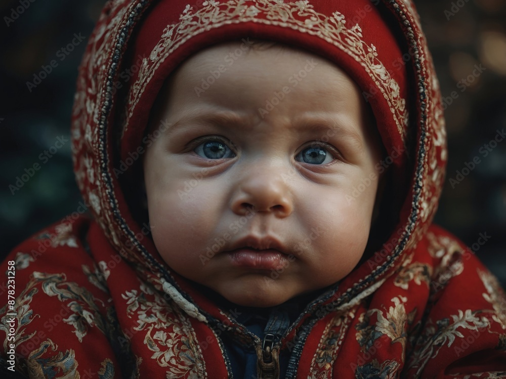 Close-up portrait of a pensive baby with blue eyes, wearing a red hooded jacket with intricate patterns, looking serious.
Close-up portrait of a pensive baby with blue eyes, wearing a red hooded jacket with intricate patterns, looking serious.