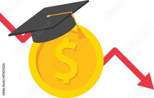 Education is getting more inexpensive. Bad rating, negative reviews, unsuccessful university. Payment for education. Tuition fees, scholarship. Dollar coin wearing academic graduation mortarboard hat
