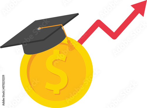 Education is getting more expensive. Good rating, positive reviews, prestigious university. Payment for education. Tuition fees, scholarship. Dollar coin wearing academic graduation mortarboard hat.

