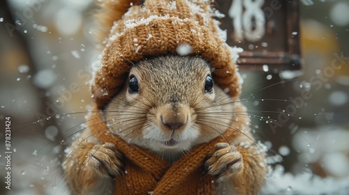 On a chestnut, gray plain background, in an ultra-detailed style, you see a squirrel face wearing a sweater and shirt. photo