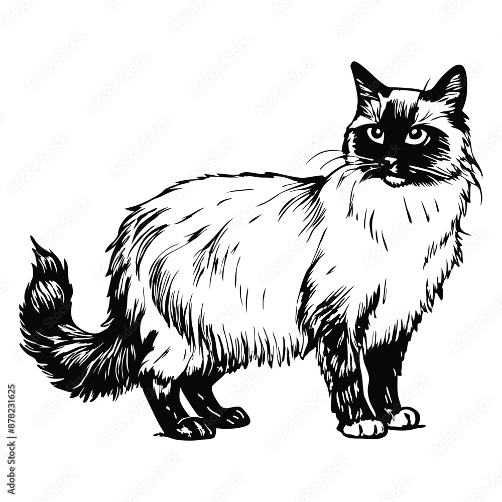 Birman cat standing side view. Ink black and white doodle drawing in woodcut style. Birman cat standing side view. Ink black and white doodle drawing in woodcut style.