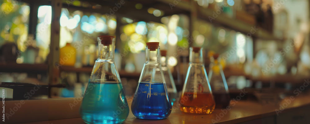 Four glass erlenmeyer flasks filled with colored liquids on wooden counter Four glass erlenmeyer flasks filled with colored liquids on wooden counter