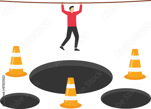Businessman hangs on for dear life from a rope as he swings above a pits and obstacle. Avoid pitfall. Flat vector illustration

