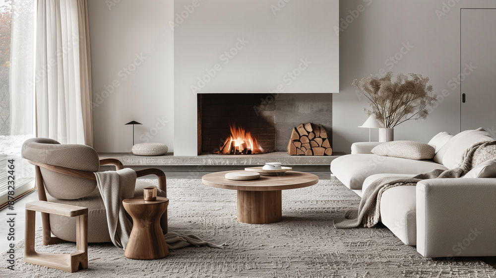 Cozy Scandinavian Living Room with a Fireplace Featuring Minimalist Design Cozy Scandinavian Living Room with a Fireplace Featuring Minimalist Design