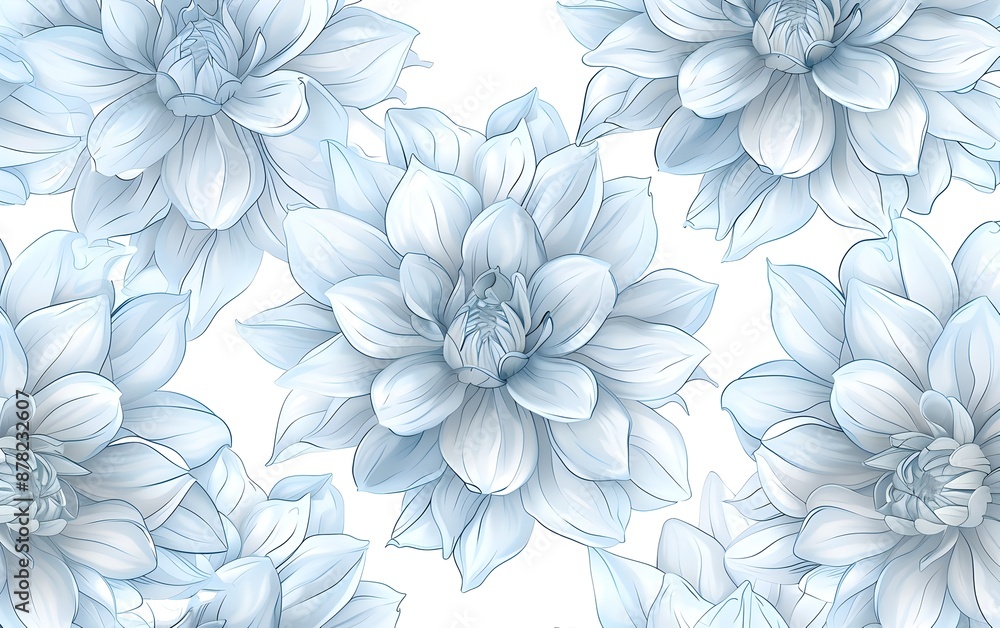 A seamless pattern of delicate line art dahlia flowers, their petals outlined in soft blue lines on an off-white background. The design is elegant and minimalist with each flower detailed yet simple A seamless pattern of delicate line art dahlia flowers, their petals outlined in soft blue lines on an off-white background. The design is elegant and minimalist with each flower detailed yet simple