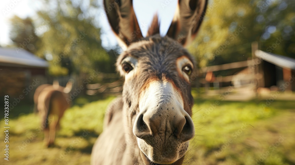 Close up portrait of an adorable donkey in a sunny farm setting Close up portrait of an adorable donkey in a sunny farm setting