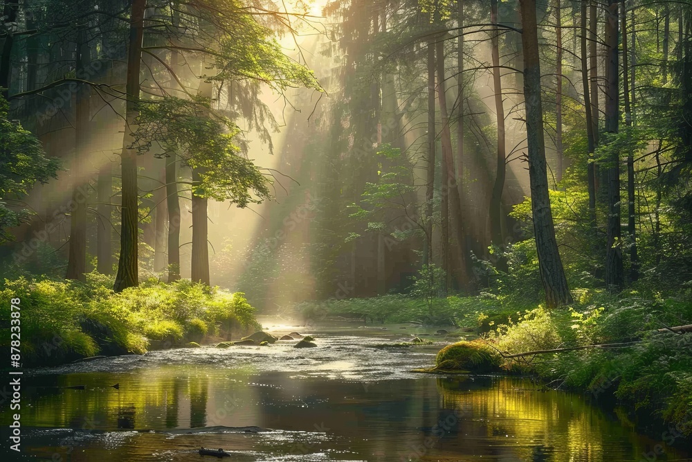Obraz premium Sunlight filtering through lush trees in a tranquil riverside forest environment