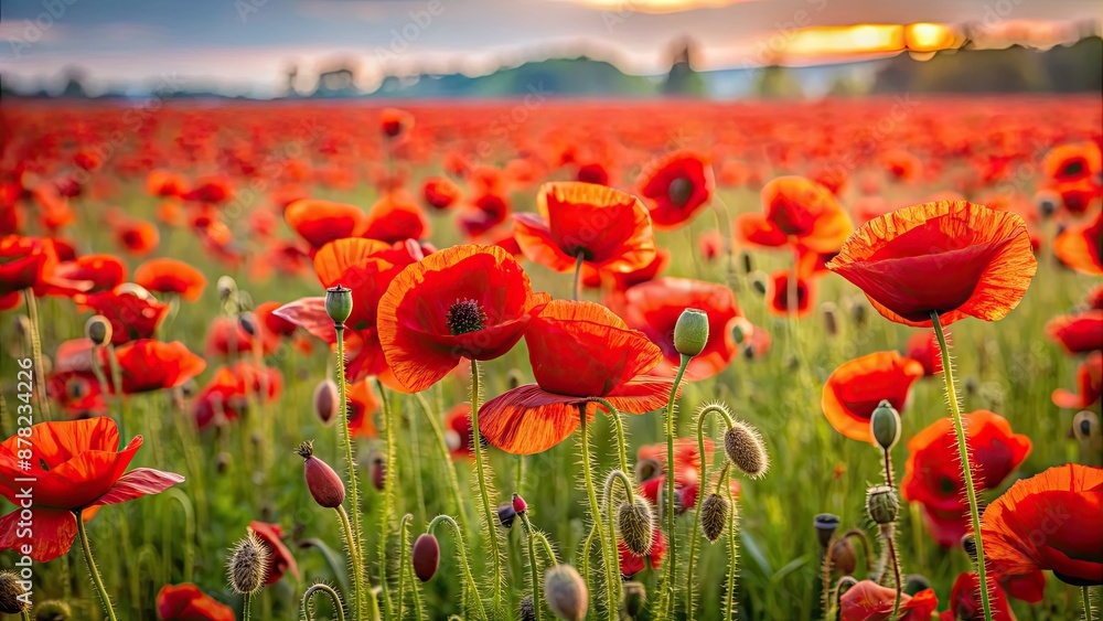 Fototapeta premium Wild field full of blooming poppies with red petals, nature, flowers, red, beauty, vibrant, meadow, bloom, petals, summer