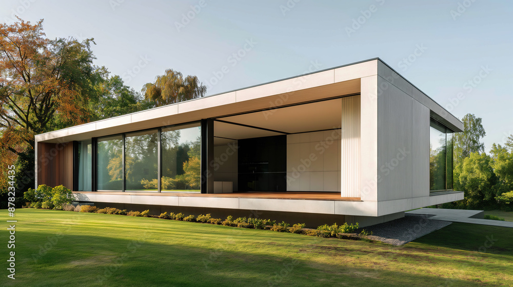 Modern minimalist house, exterior view with lawn Modern minimalist house, exterior view with lawn