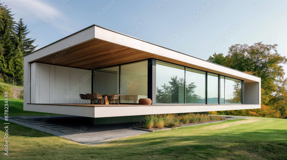 Modern minimalist house, exterior view with lawn Modern minimalist house, exterior view with lawn
