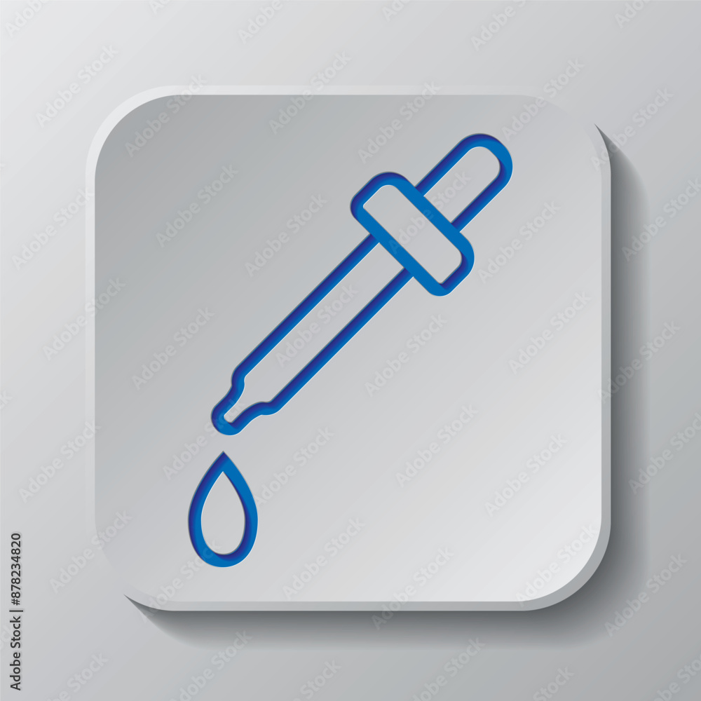 Dropper and water drop simple icon vector. Flat design. Paper cut design. Cutted blue symbol with shadow. Gray badge button, gray background Dropper and water drop simple icon vector. Flat design. Paper cut design. Cutted blue symbol with shadow. Gray badge button, gray background