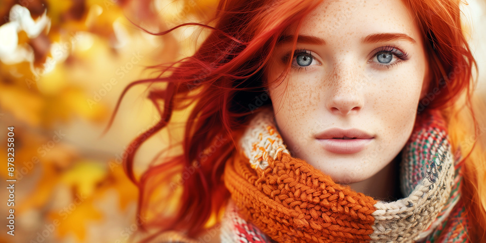 A striking fashion portrait of a young woman with vibrant red hair, wrapped in a cozy scarf amidst an autumnal backdrop of colorful leaves.