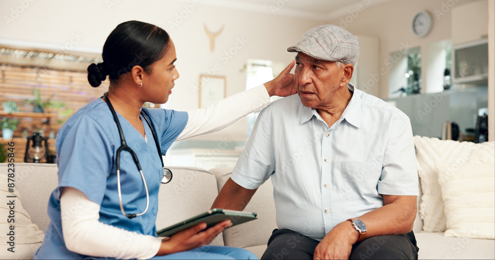 Elderly care, nurse and senior man on sofa for consultation, routine check up and diagnosis in living room. Female carer, retired patient and assessment on couch for healthcare, wellbeing or medicare Elderly care, nurse and senior man on sofa for consultation, routine check up and diagnosis in living room. Female carer, retired patient and assessment on couch for healthcare, wellbeing or medicare