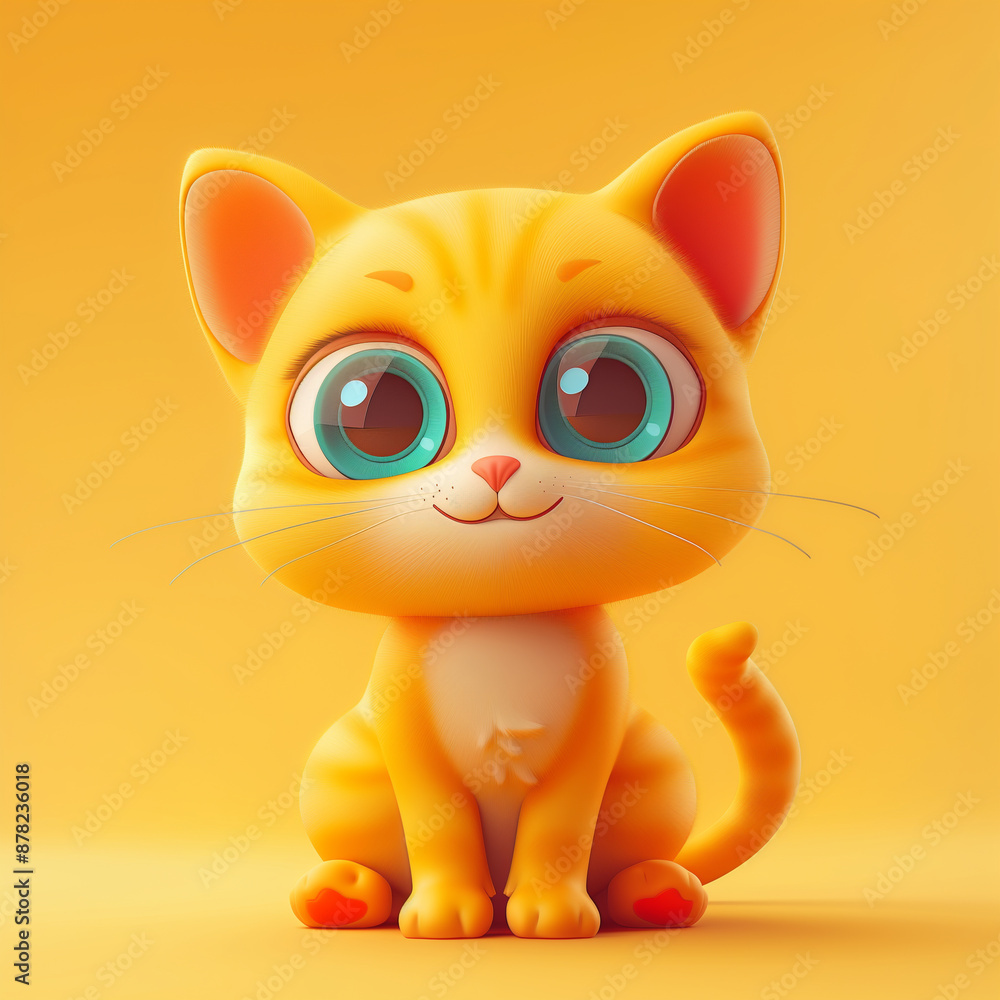 Adorable illustration of a yellow cartoon kitten with large blue eyes, sitting on an orange background.
Adorable illustration of a yellow cartoon kitten with large blue eyes, sitting on an orange background.