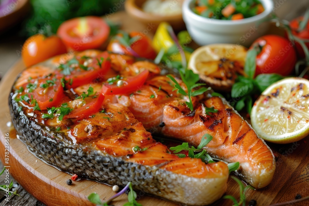 Fried salmon steak with vegetables on wooden table Fried salmon steak with vegetables on wooden table